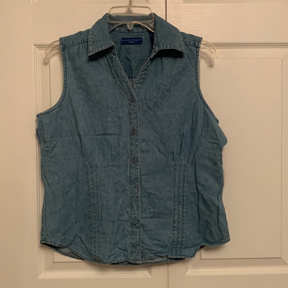 NWT Karen Scott Sport Chambray Denim Sleeveless Blouse MEDIUM